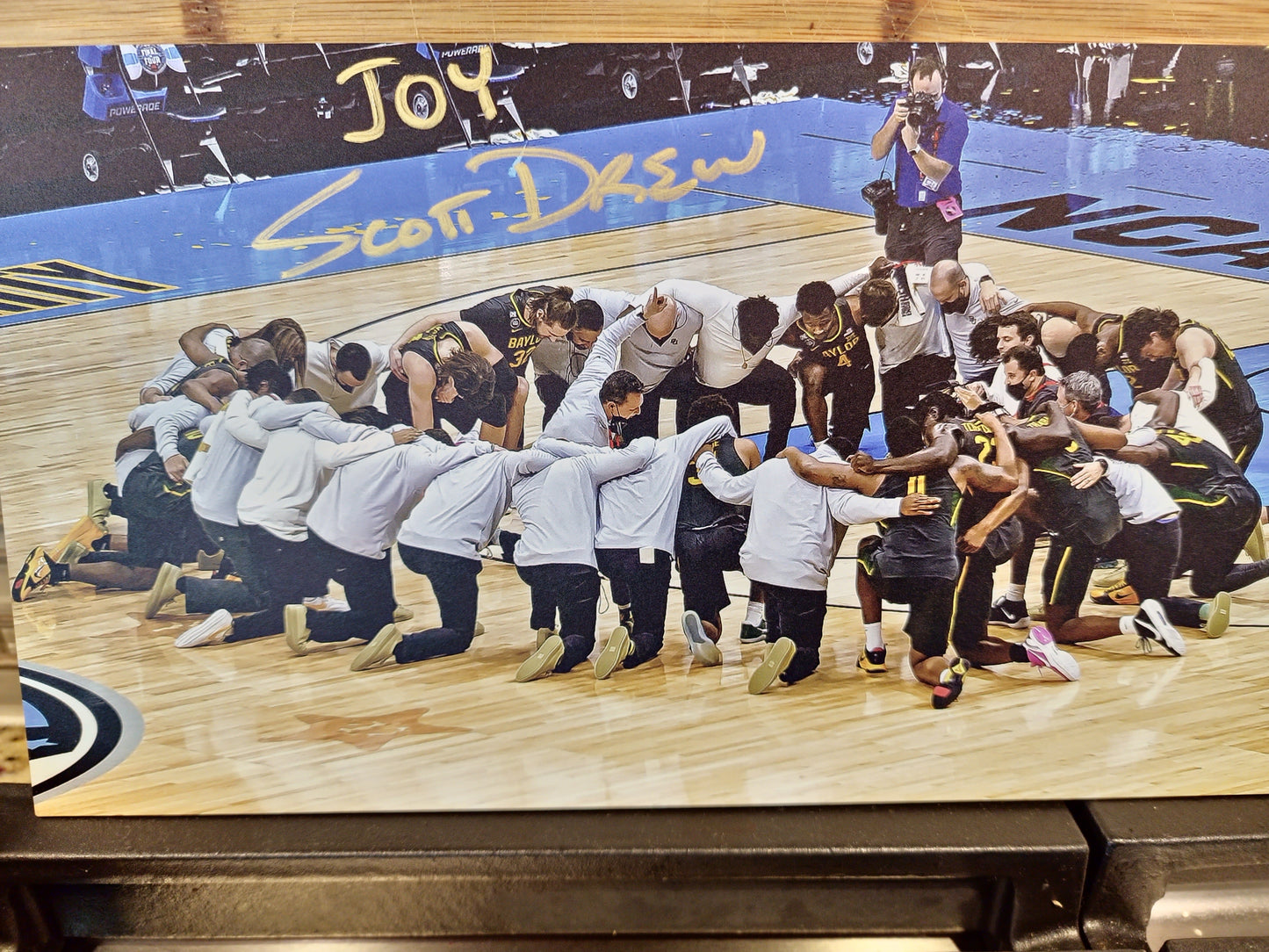 Scott Drew autographed JOY on acrylic, one of 28 printed for each victory in the 2021 National Championship Season